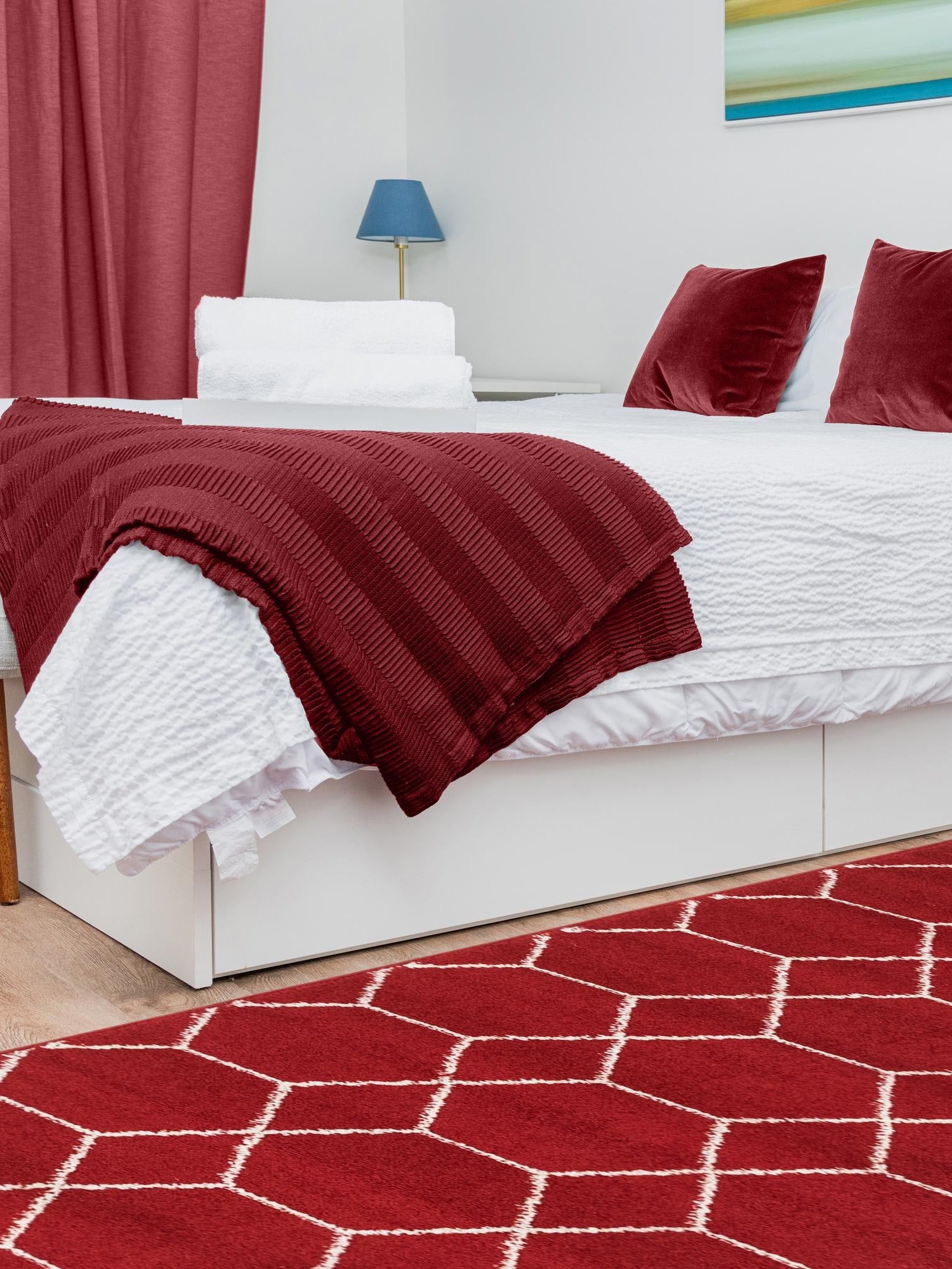 Red 2' x 9' Trellis Frieze Runner Area Rug Geometric Modern Unique Stain Resistant Easy Clean Carpet for Living, Dining, Bedrooms, Office for Sale at Rug Engine