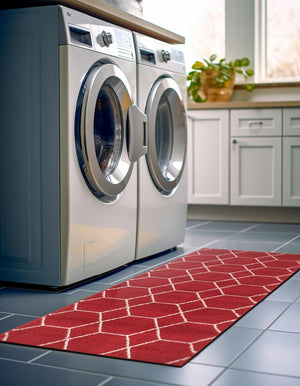 Red 2' x 9' Trellis Frieze Runner Area Rug Geometric Modern Unique Stain Resistant Easy Clean Carpet for Living, Dining, Bedrooms, Office for Sale at Rug Engine