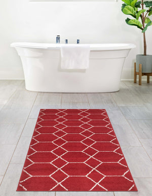 Red 2' x 9' Trellis Frieze Runner Area Rug Geometric Modern Unique Stain Resistant Easy Clean Carpet for Living, Dining, Bedrooms, Office for Sale at Rug Engine