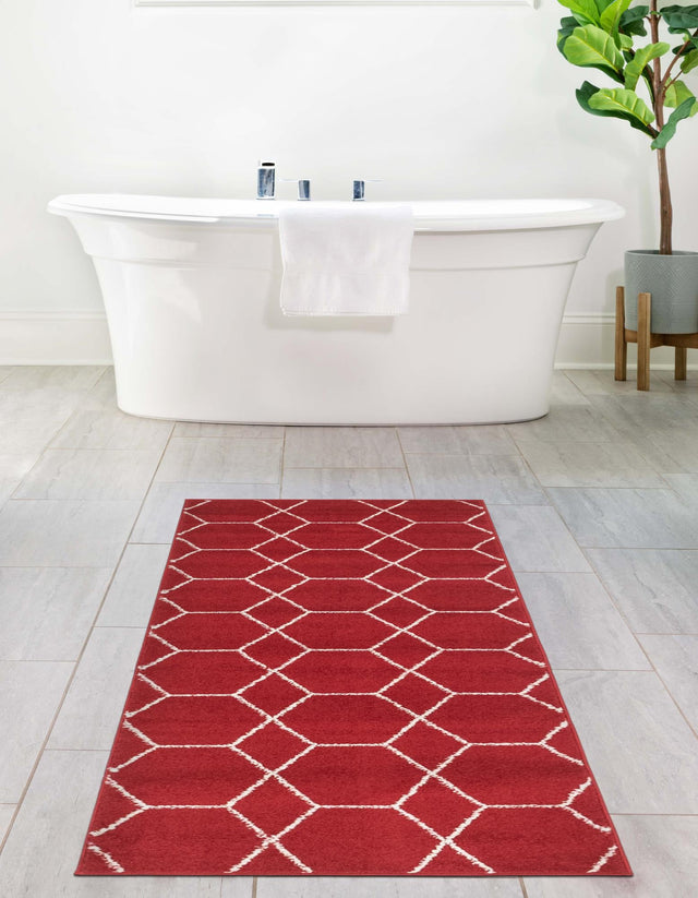 Red 2' x 9' Trellis Frieze Runner Area Rug Geometric Modern Unique Stain Resistant Easy Clean Carpet for Living, Dining, Bedrooms, Office for Sale at Rug Engine