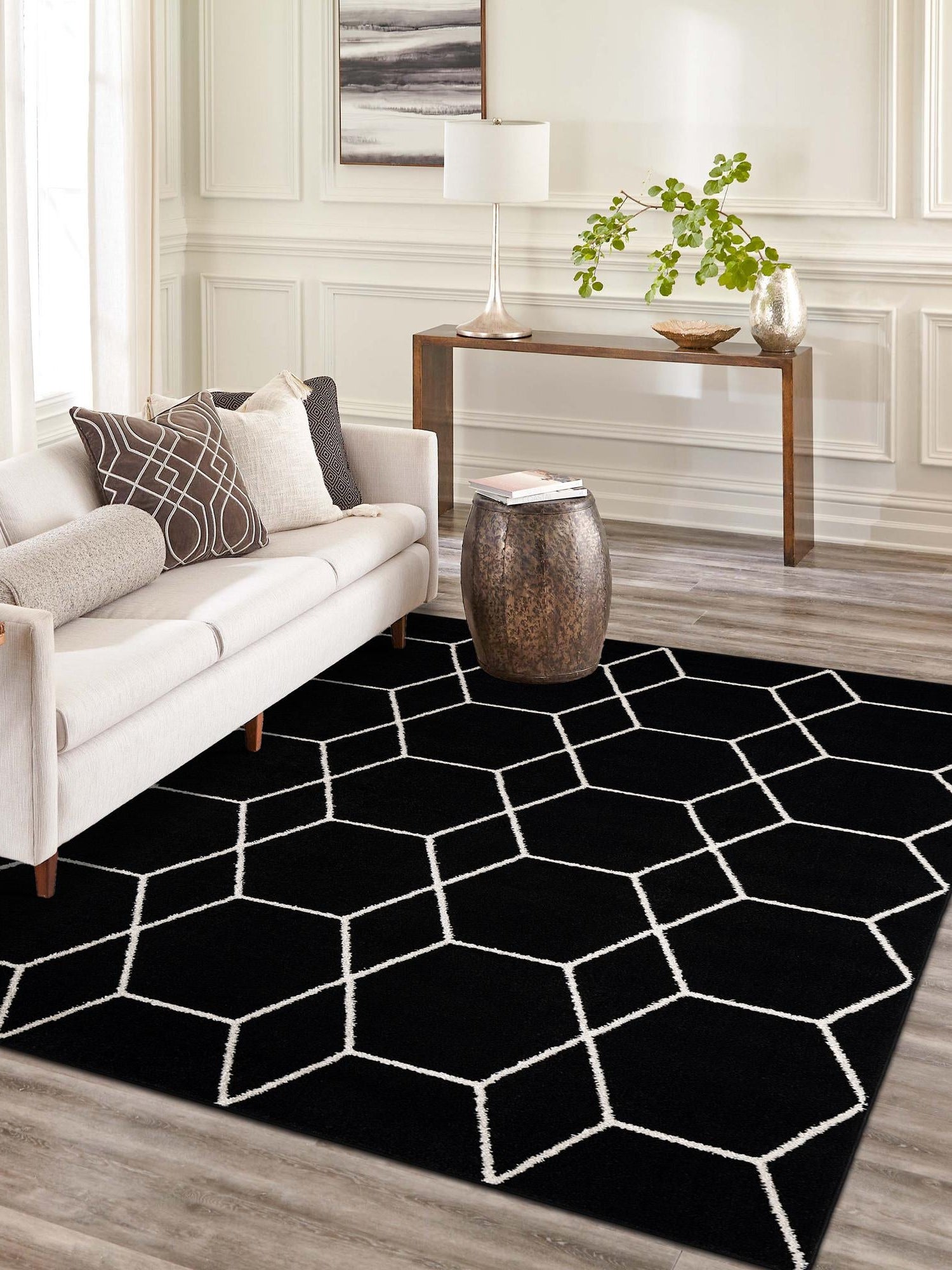 Black 2' x 3' 1 Trellis Frieze Rectangle Area Rug Geometric Modern Unique Stain Resistant Easy Clean Carpet for Living, Dining, Bedrooms, Office for Sale at Rug Engine