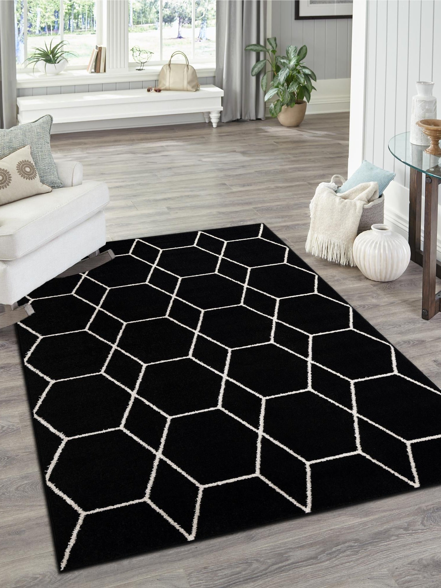 Black 2' x 3' 1 Trellis Frieze Rectangle Area Rug Geometric Modern Unique Stain Resistant Easy Clean Carpet for Living, Dining, Bedrooms, Office for Sale at Rug Engine
