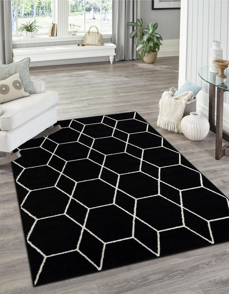 Black 2' x 3' 1 Trellis Frieze Rectangle Area Rug Geometric Modern Unique Stain Resistant Easy Clean Carpet for Living, Dining, Bedrooms, Office for Sale at Rug Engine