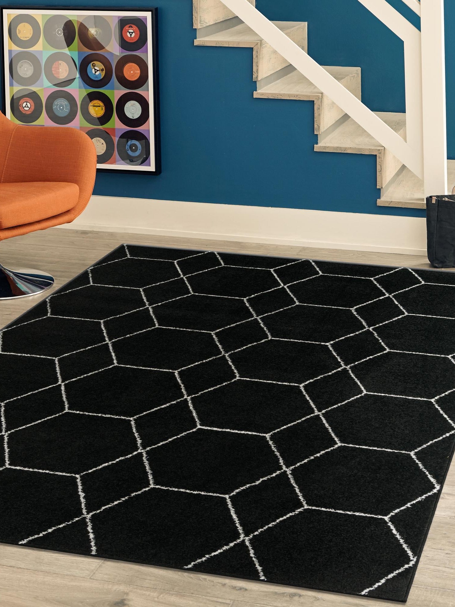 Black 6' 1 x 9' Trellis Frieze Rectangle Area Rug Geometric Modern Unique Stain Resistant Easy Clean Carpet for Living, Dining, Bedrooms, Office for Sale at Rug Engine