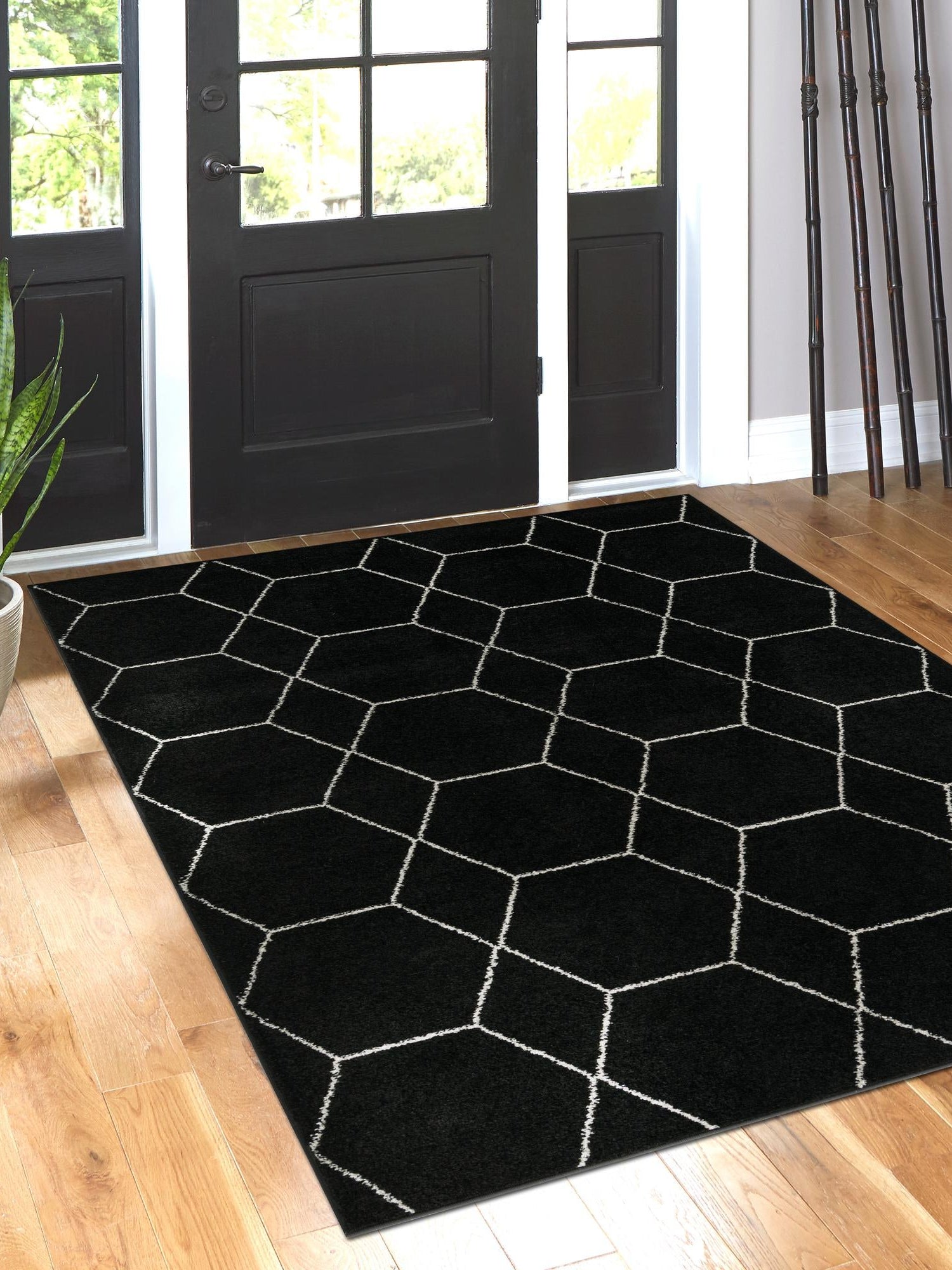 Black 7' 10 x 10' Trellis Frieze Rectangle Area Rug Geometric Modern Unique Stain Resistant Easy Clean Carpet for Living, Dining, Bedrooms, Office for Sale at Rug Engine