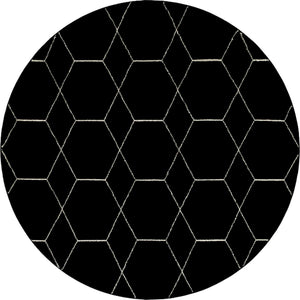 Black 7' 10 x 7' 10 Trellis Frieze Round Area Rug Geometric Modern Unique Stain Resistant Easy Clean Carpet for Living, Dining, Bedrooms, Office for Sale at Rug Engine
