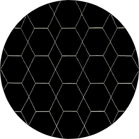 Black 7' 10 x 7' 10 Trellis Frieze Round Area Rug Geometric Modern Unique Stain Resistant Easy Clean Carpet for Living, Dining, Bedrooms, Office for Sale at Rug Engine
