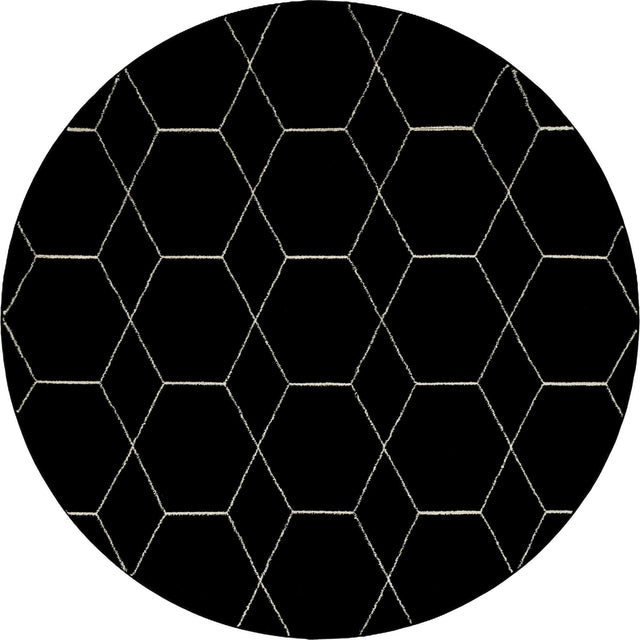 Black 7' 10 x 7' 10 Trellis Frieze Round Area Rug Geometric Modern Unique Stain Resistant Easy Clean Carpet for Living, Dining, Bedrooms, Office for Sale at Rug Engine