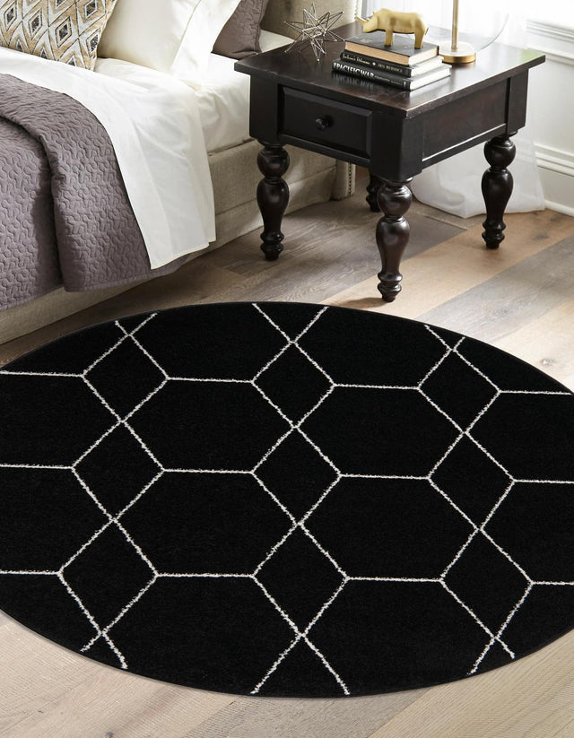 Black 6' 1 x 6' 1 Trellis Frieze Round Area Rug Geometric Modern Unique Stain Resistant Easy Clean Carpet for Living, Dining, Bedrooms, Office for Sale at Rug Engine