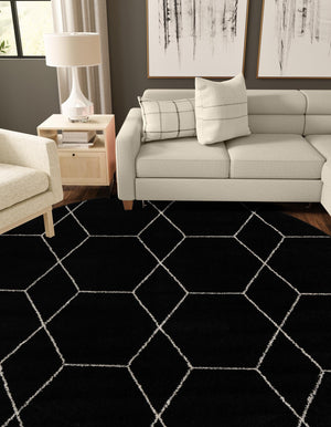 Black 5' 3 x 5' 3 Trellis Frieze Round Area Rug Geometric Modern Unique Stain Resistant Easy Clean Carpet for Living, Dining, Bedrooms, Office for Sale at Rug Engine