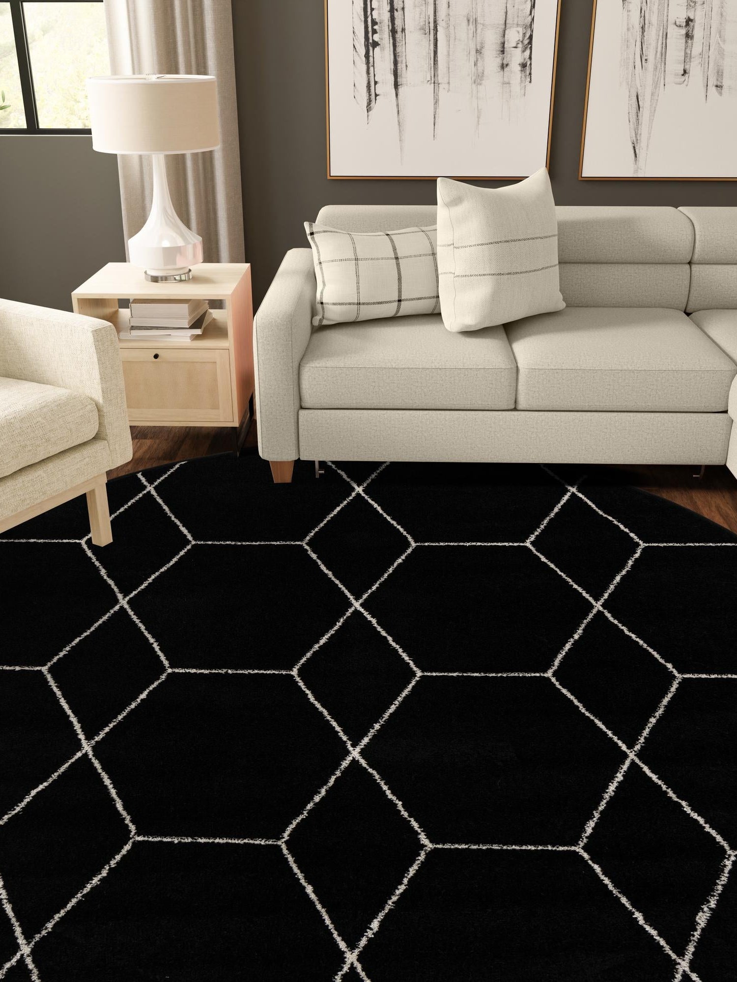 Black 7' 10 x 7' 10 Trellis Frieze Round Area Rug Geometric Modern Unique Stain Resistant Easy Clean Carpet for Living, Dining, Bedrooms, Office for Sale at Rug Engine