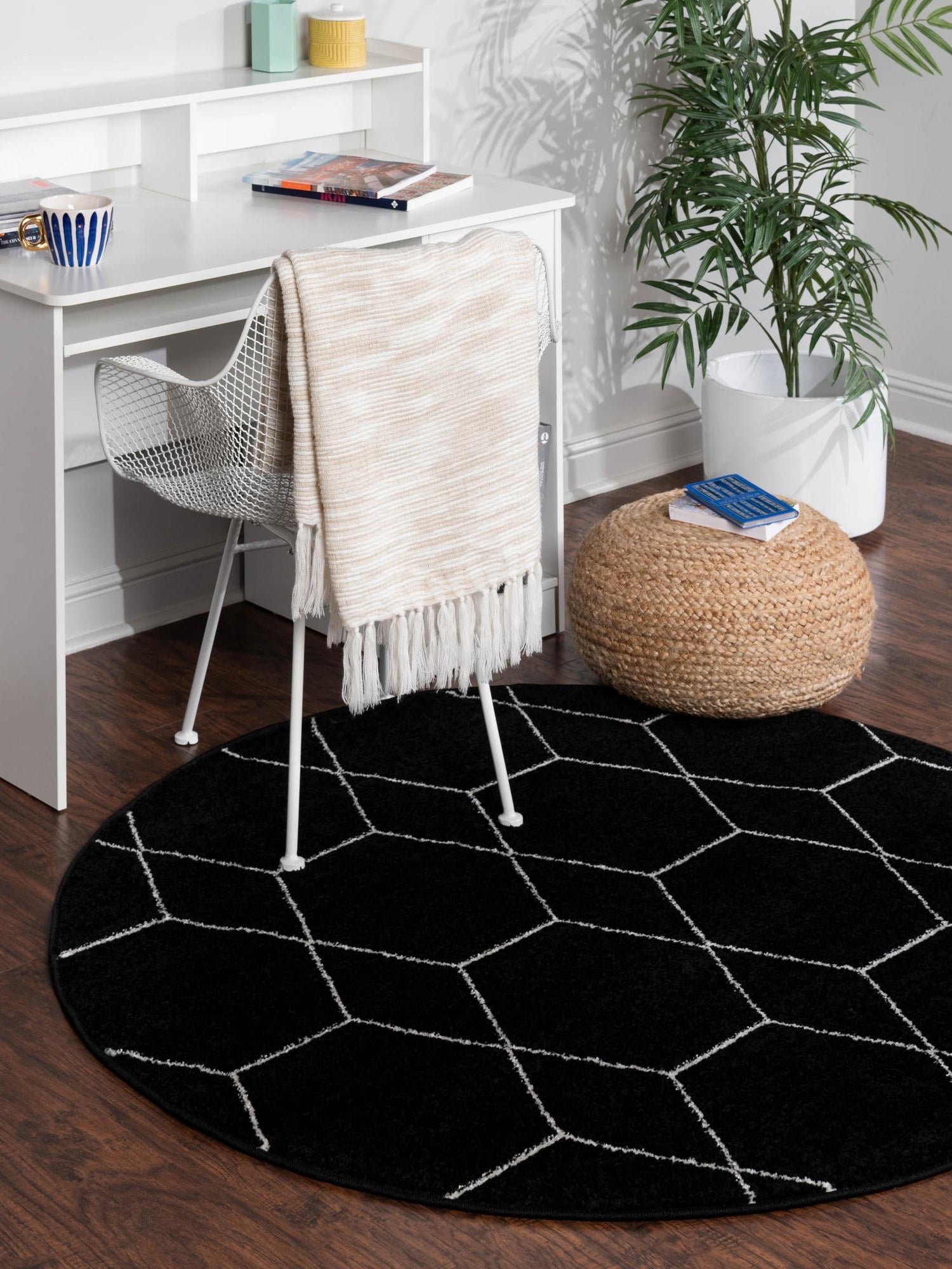 Black 5' 3 x 5' 3 Trellis Frieze Round Area Rug Geometric Modern Unique Stain Resistant Easy Clean Carpet for Living, Dining, Bedrooms, Office for Sale at Rug Engine