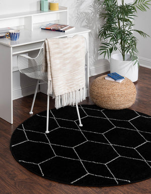 Black 7' 10 x 7' 10 Trellis Frieze Round Area Rug Geometric Modern Unique Stain Resistant Easy Clean Carpet for Living, Dining, Bedrooms, Office for Sale at Rug Engine