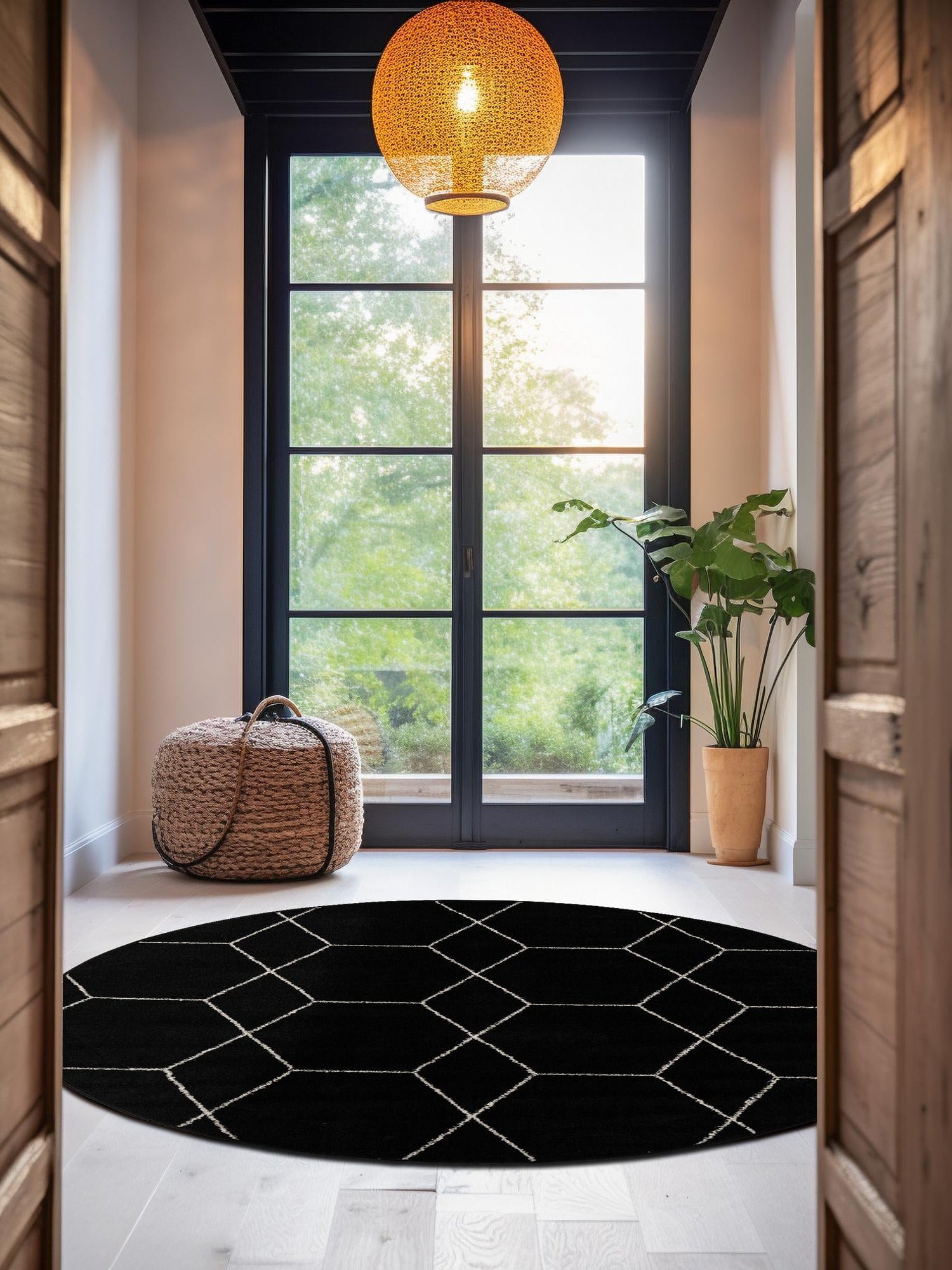 Black 7' 10 x 7' 10 Trellis Frieze Round Area Rug Geometric Modern Unique Stain Resistant Easy Clean Carpet for Living, Dining, Bedrooms, Office for Sale at Rug Engine