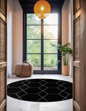 Black 7' 10 x 7' 10 Trellis Frieze Round Area Rug Geometric Modern Unique Stain Resistant Easy Clean Carpet for Living, Dining, Bedrooms, Office for Sale at Rug Engine