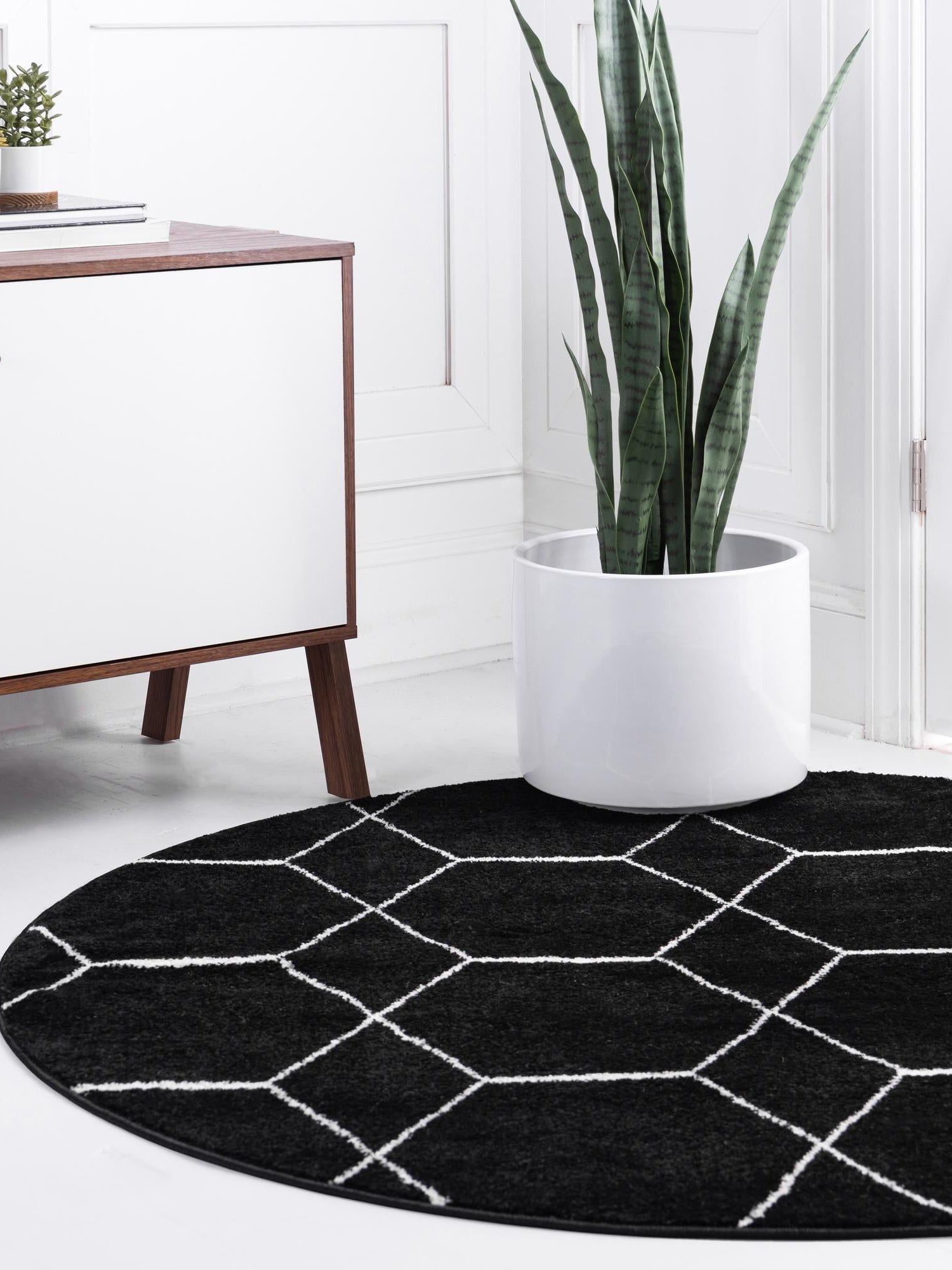 Black 6' 1 x 6' 1 Trellis Frieze Round Area Rug Geometric Modern Unique Stain Resistant Easy Clean Carpet for Living, Dining, Bedrooms, Office for Sale at Rug Engine