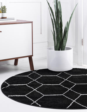 Black 6' 1 x 6' 1 Trellis Frieze Round Area Rug Geometric Modern Unique Stain Resistant Easy Clean Carpet for Living, Dining, Bedrooms, Office for Sale at Rug Engine