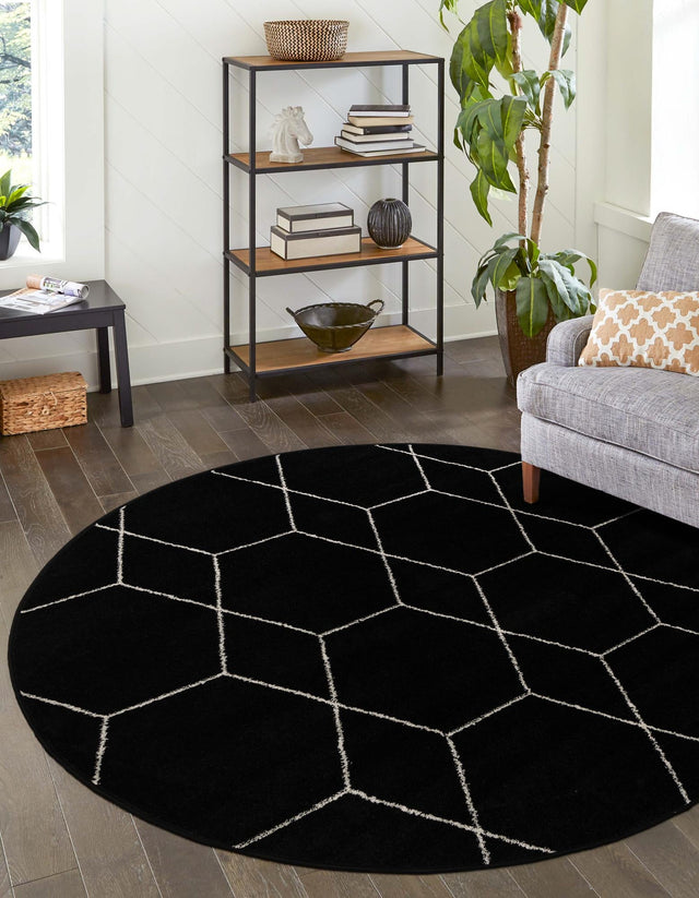 Black 12' x 12' Trellis Frieze Round Area Rug Geometric Modern Unique Stain Resistant Easy Clean Carpet for Living, Dining, Bedrooms, Office for Sale at Rug Engine
