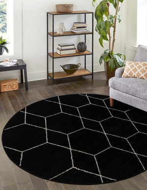 Black 10' x 10' Trellis Frieze Round Area Rug Geometric Modern Unique Stain Resistant Easy Clean Carpet for Living, Dining, Bedrooms, Office for Sale at Rug Engine