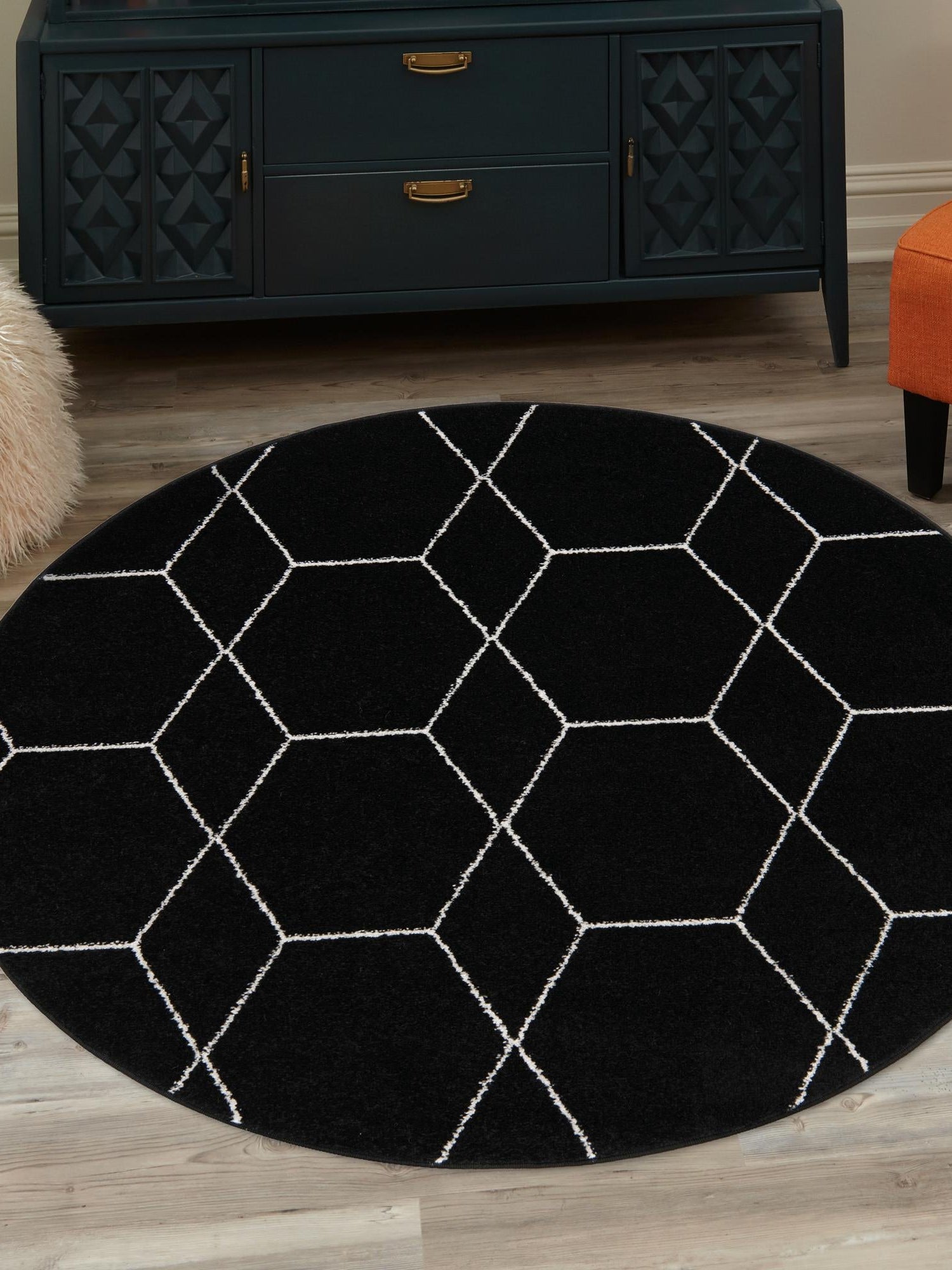Black 7' 10 x 7' 10 Trellis Frieze Round Area Rug Geometric Modern Unique Stain Resistant Easy Clean Carpet for Living, Dining, Bedrooms, Office for Sale at Rug Engine