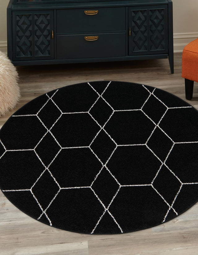Black 7' 10 x 7' 10 Trellis Frieze Round Area Rug Geometric Modern Unique Stain Resistant Easy Clean Carpet for Living, Dining, Bedrooms, Office for Sale at Rug Engine