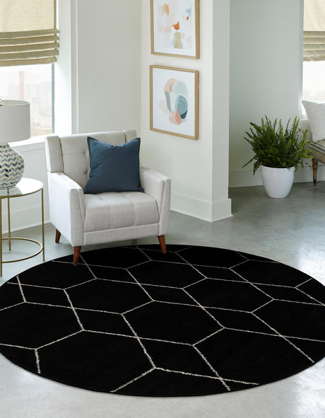 Black 7' 10 x 7' 10 Trellis Frieze Round Area Rug Geometric Modern Unique Stain Resistant Easy Clean Carpet for Living, Dining, Bedrooms, Office for Sale at Rug Engine