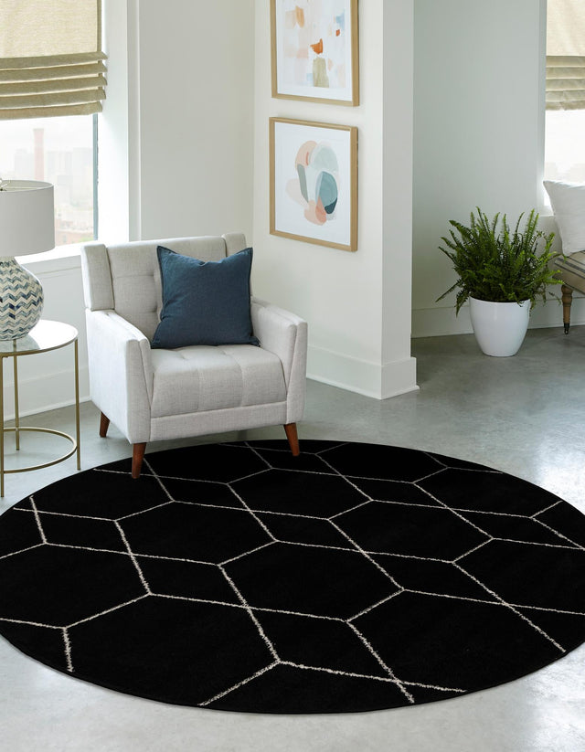 Black 5' 3 x 5' 3 Trellis Frieze Round Area Rug Geometric Modern Unique Stain Resistant Easy Clean Carpet for Living, Dining, Bedrooms, Office for Sale at Rug Engine