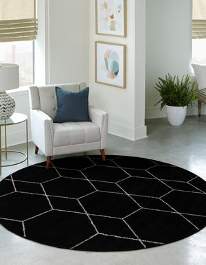 Black 6' 1 x 6' 1 Trellis Frieze Round Area Rug Geometric Modern Unique Stain Resistant Easy Clean Carpet for Living, Dining, Bedrooms, Office for Sale at Rug Engine