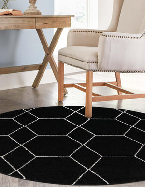 Black 6' 1 x 6' 1 Trellis Frieze Round Area Rug Geometric Modern Unique Stain Resistant Easy Clean Carpet for Living, Dining, Bedrooms, Office for Sale at Rug Engine