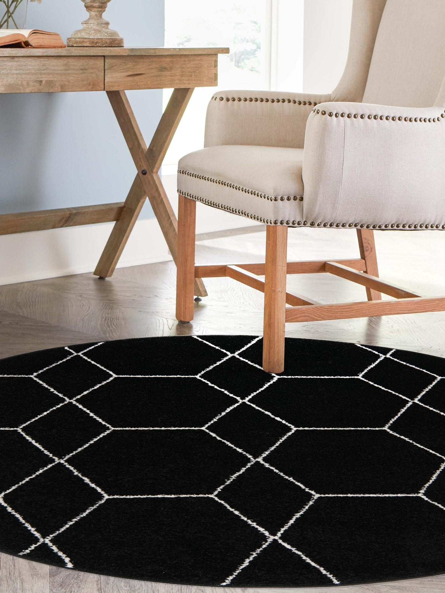 Black 7' 10 x 7' 10 Trellis Frieze Round Area Rug Geometric Modern Unique Stain Resistant Easy Clean Carpet for Living, Dining, Bedrooms, Office for Sale at Rug Engine