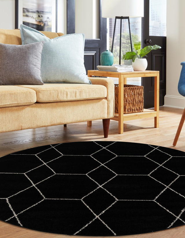 Black 7' 10 x 7' 10 Trellis Frieze Round Area Rug Geometric Modern Unique Stain Resistant Easy Clean Carpet for Living, Dining, Bedrooms, Office for Sale at Rug Engine