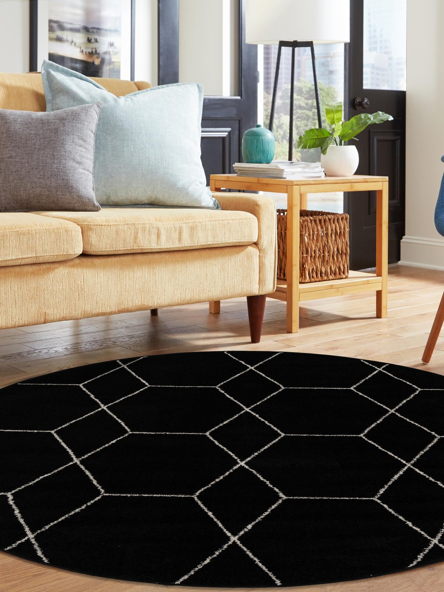 Black 6' 1 x 6' 1 Trellis Frieze Round Area Rug Geometric Modern Unique Stain Resistant Easy Clean Carpet for Living, Dining, Bedrooms, Office for Sale at Rug Engine