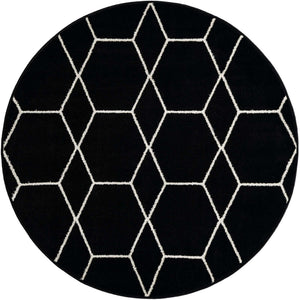 Black 5' 3 x 5' 3 Trellis Frieze Round Area Rug Geometric Modern Unique Stain Resistant Easy Clean Carpet for Living, Dining, Bedrooms, Office for Sale at Rug Engine