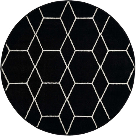 Black 5' 3 x 5' 3 Trellis Frieze Round Area Rug Geometric Modern Unique Stain Resistant Easy Clean Carpet for Living, Dining, Bedrooms, Office for Sale at Rug Engine