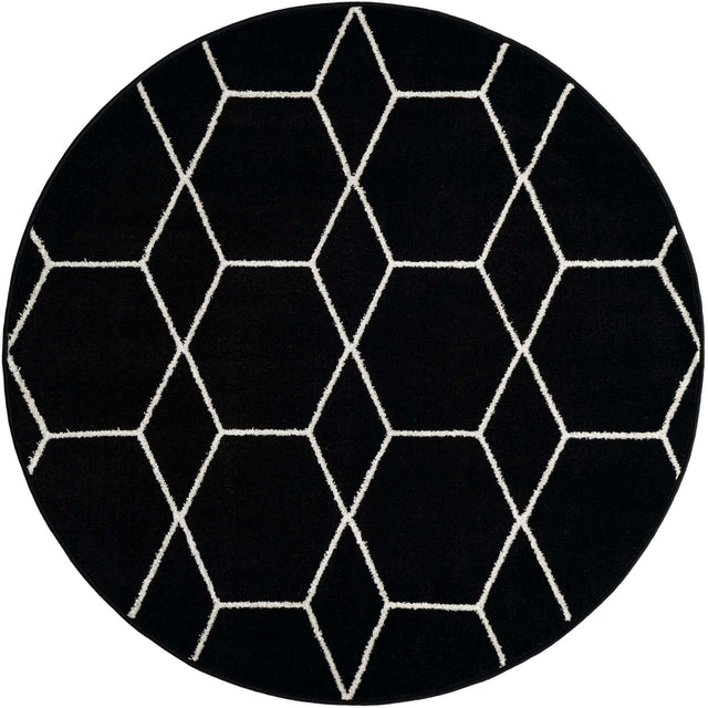 Black 5' 3 x 5' 3 Trellis Frieze Round Area Rug Geometric Modern Unique Stain Resistant Easy Clean Carpet for Living, Dining, Bedrooms, Office for Sale at Rug Engine