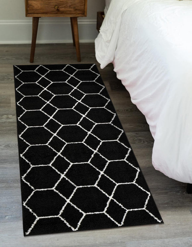 Black 3' 3 x 16' 5 Trellis Frieze Runner Area Rug Geometric Modern Unique Stain Resistant Easy Clean Carpet for Living, Dining, Bedrooms, Office for Sale at Rug Engine