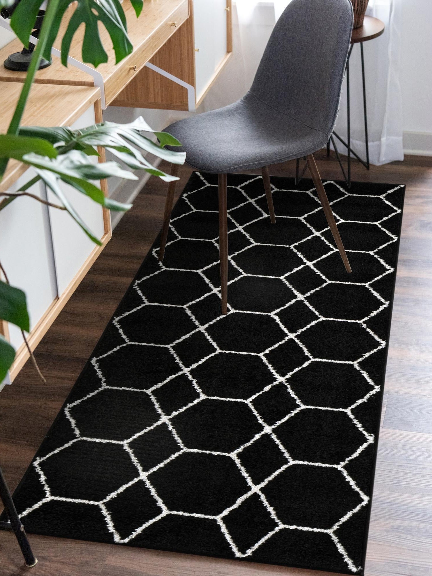Black 2' 7 x 12' Trellis Frieze Runner Area Rug Geometric Modern Unique Stain Resistant Easy Clean Carpet for Living, Dining, Bedrooms, Office for Sale at Rug Engine