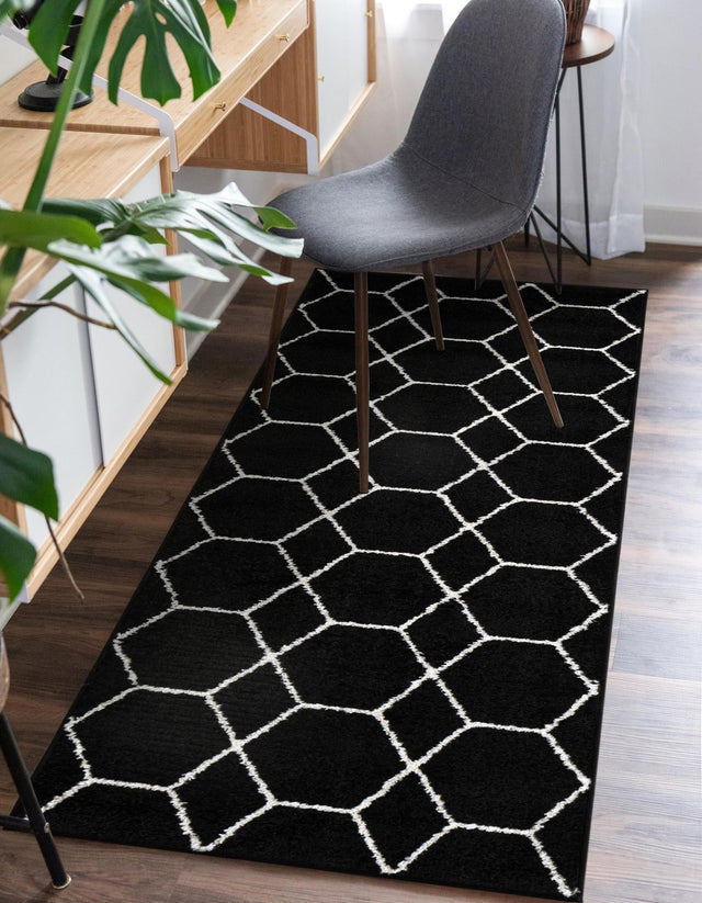 Black 2' x 5' 3 Trellis Frieze Runner Area Rug Geometric Modern Unique Stain Resistant Easy Clean Carpet for Living, Dining, Bedrooms, Office for Sale at Rug Engine