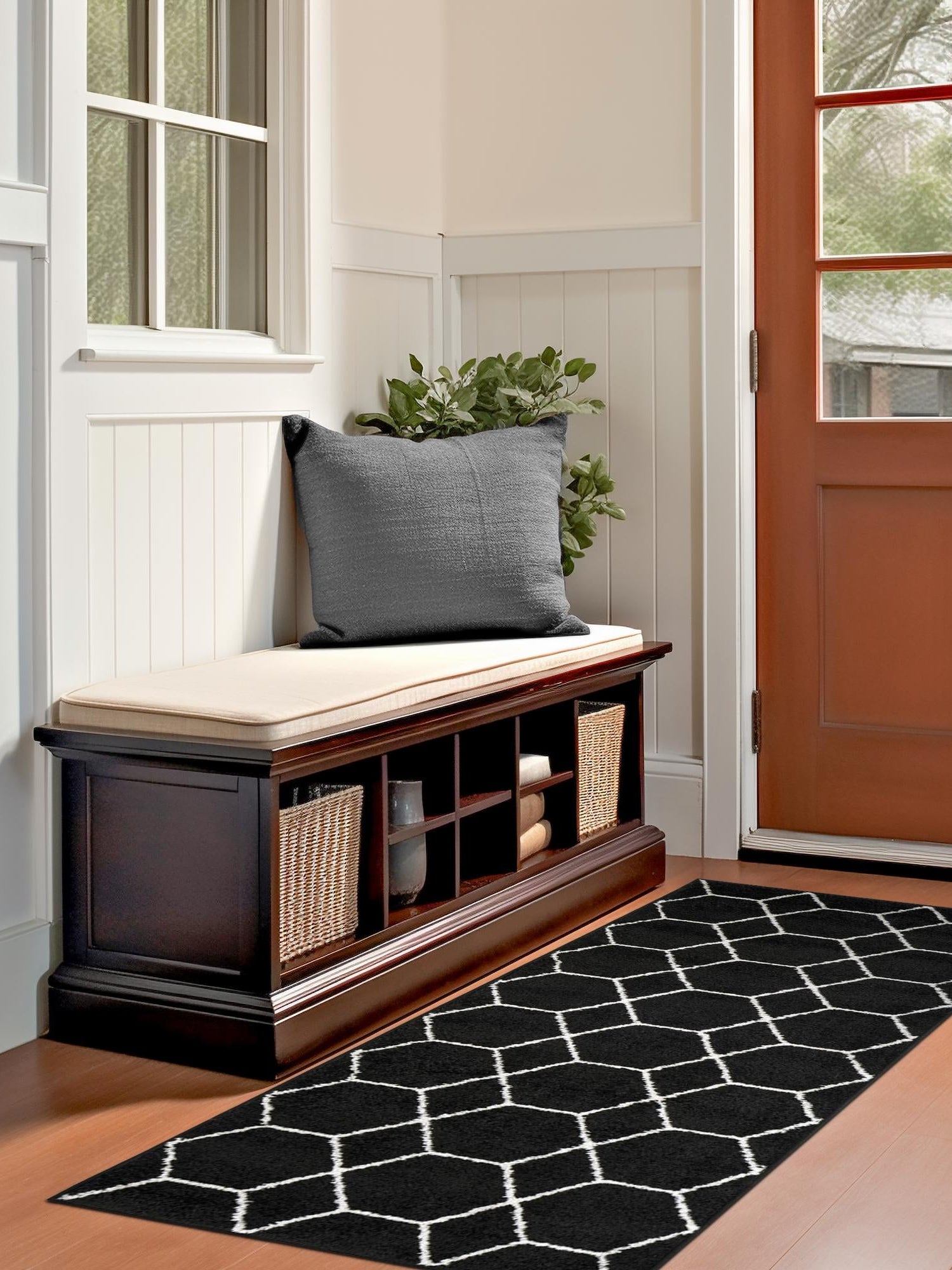 Black 2' x 13' 1 Trellis Frieze Runner Area Rug Geometric Modern Unique Stain Resistant Easy Clean Carpet for Living, Dining, Bedrooms, Office for Sale at Rug Engine