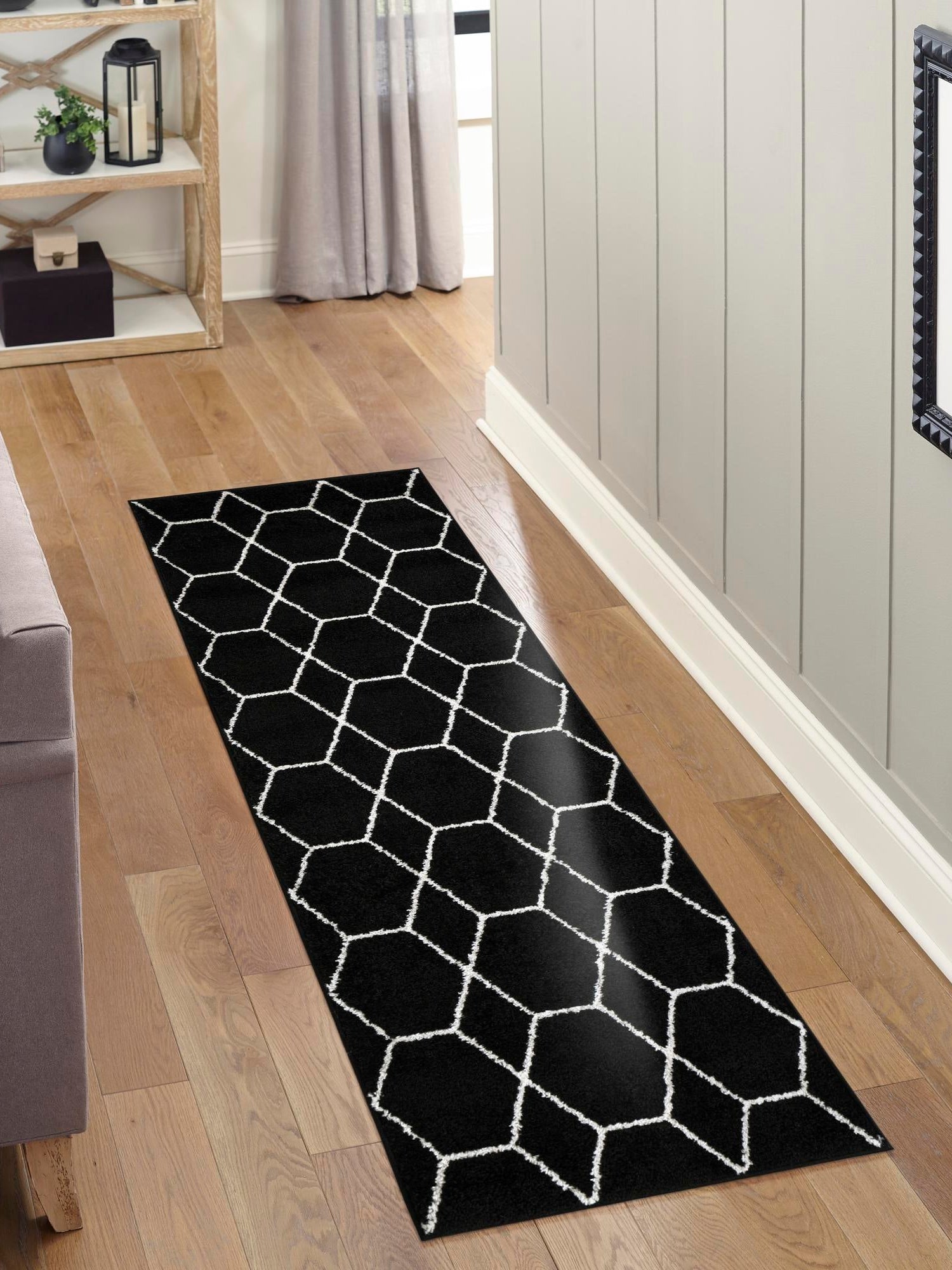 Black 3' 3 x 16' 5 Trellis Frieze Runner Area Rug Geometric Modern Unique Stain Resistant Easy Clean Carpet for Living, Dining, Bedrooms, Office for Sale at Rug Engine