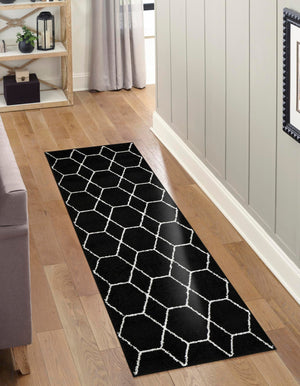 Black 2' 7 x 12' Trellis Frieze Runner Area Rug Geometric Modern Unique Stain Resistant Easy Clean Carpet for Living, Dining, Bedrooms, Office for Sale at Rug Engine