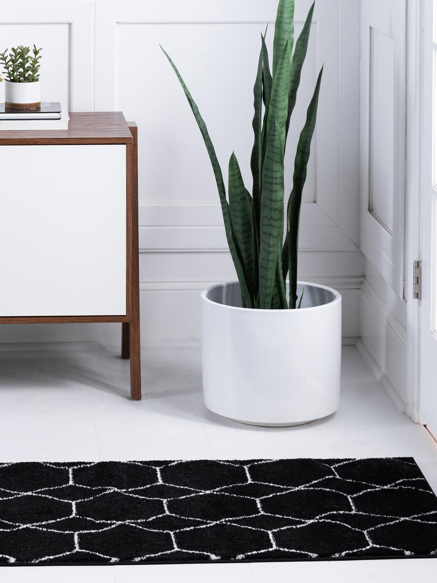 Black 3' 3 x 16' 5 Trellis Frieze Runner Area Rug Geometric Modern Unique Stain Resistant Easy Clean Carpet for Living, Dining, Bedrooms, Office for Sale at Rug Engine