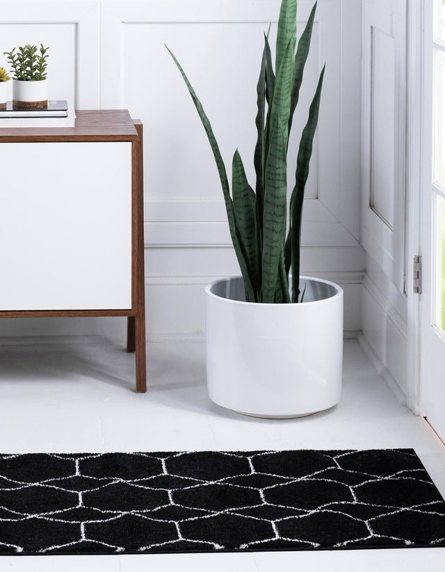 Black 3' 3 x 16' 5 Trellis Frieze Runner Area Rug Geometric Modern Unique Stain Resistant Easy Clean Carpet for Living, Dining, Bedrooms, Office for Sale at Rug Engine