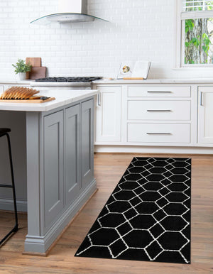Black 3' 3 x 16' 5 Trellis Frieze Runner Area Rug Geometric Modern Unique Stain Resistant Easy Clean Carpet for Living, Dining, Bedrooms, Office for Sale at Rug Engine