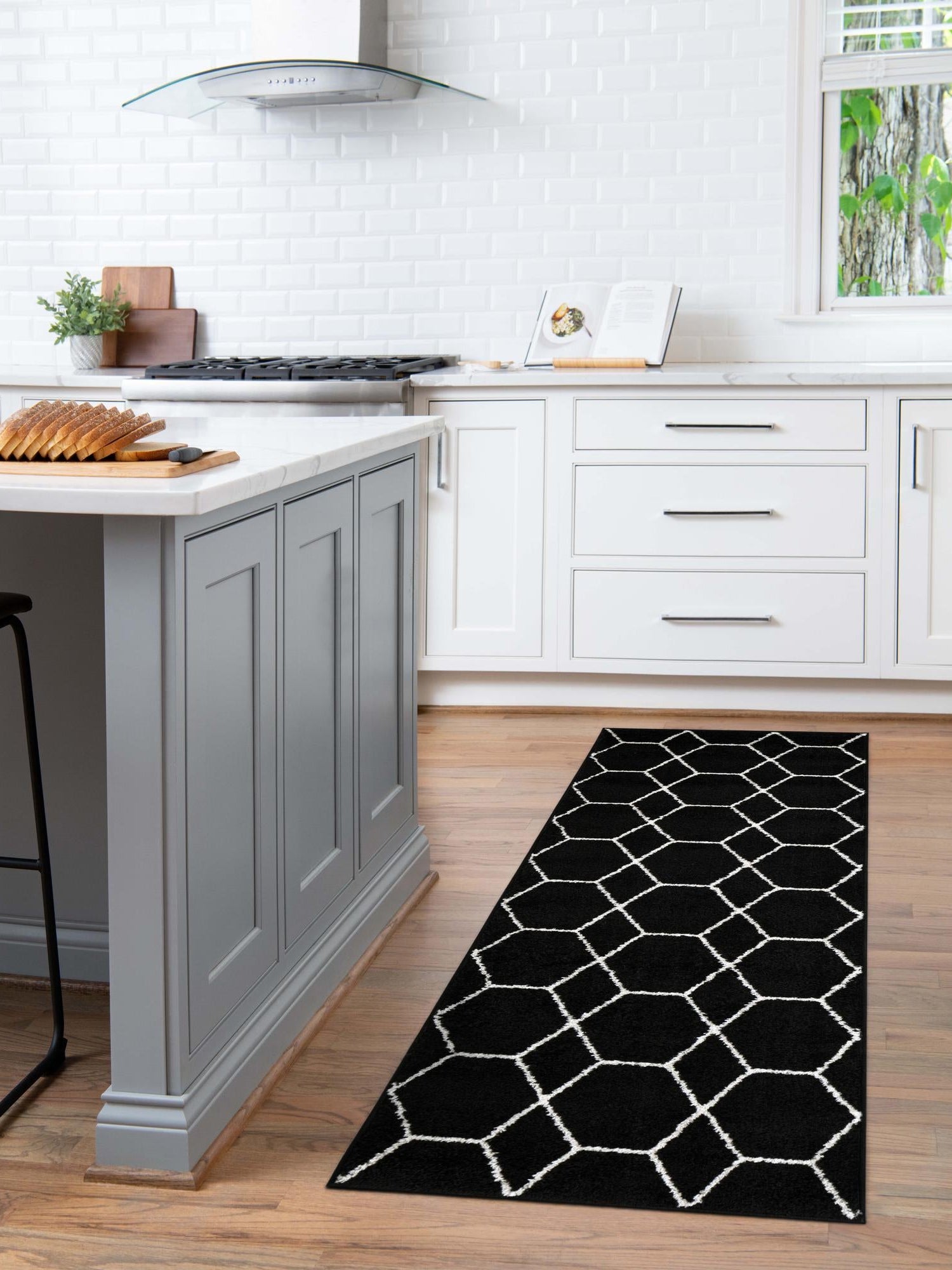Black 3' 3 x 19' 8 Trellis Frieze Runner Area Rug Geometric Modern Unique Stain Resistant Easy Clean Carpet for Living, Dining, Bedrooms, Office for Sale at Rug Engine