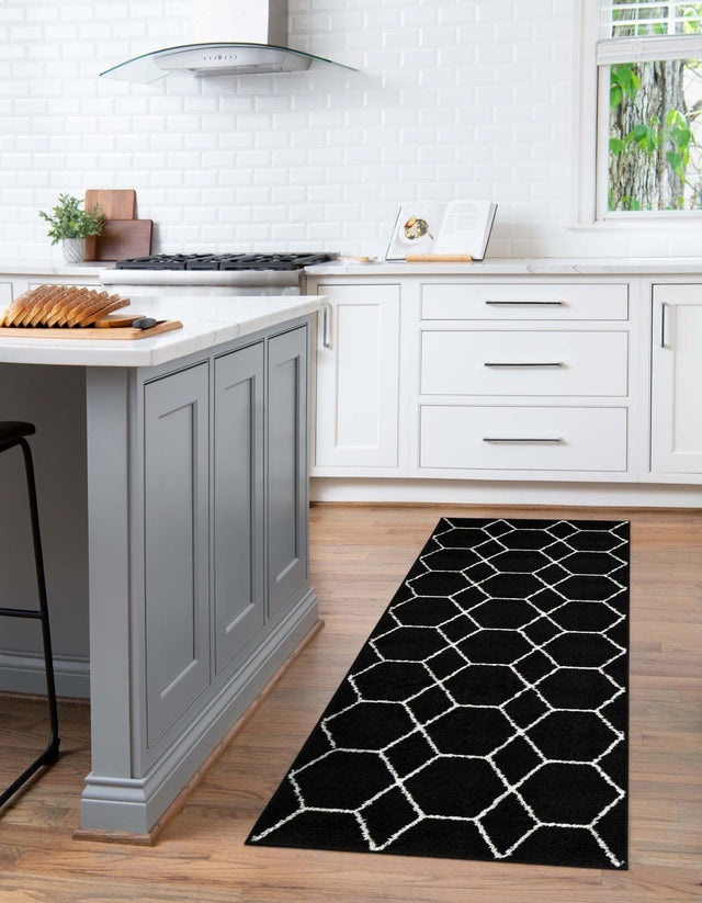 Black 3' 3 x 19' 8 Trellis Frieze Runner Area Rug Geometric Modern Unique Stain Resistant Easy Clean Carpet for Living, Dining, Bedrooms, Office for Sale at Rug Engine