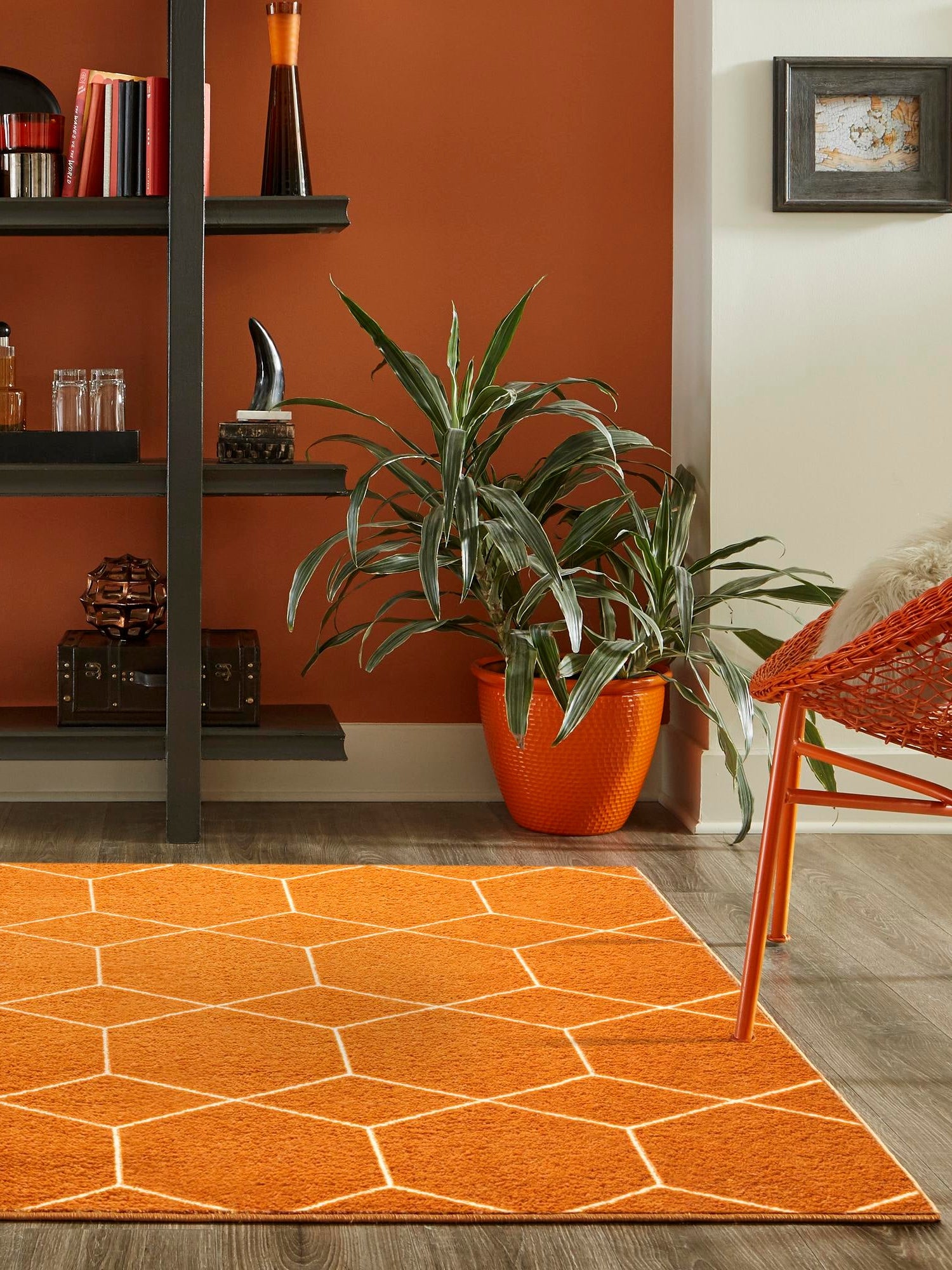 Orange 2' x 3' 1 Trellis Frieze Rectangle Area Rug Geometric Modern Unique Stain Resistant Easy Clean Carpet for Living, Dining, Bedrooms, Office for Sale at Rug Engine