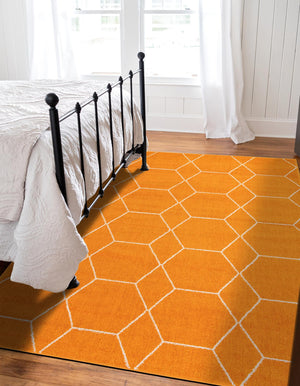 Orange 7' 10 x 10' Trellis Frieze Rectangle Area Rug Geometric Modern Unique Stain Resistant Easy Clean Carpet for Living, Dining, Bedrooms, Office for Sale at Rug Engine