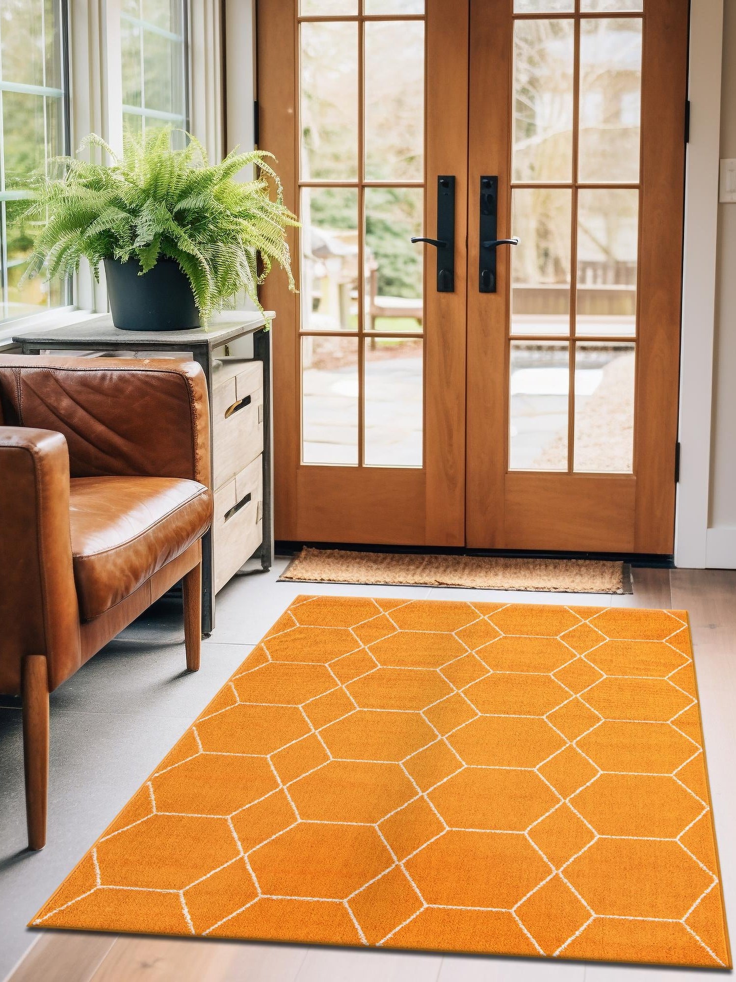 Orange 7' 10 x 10' Trellis Frieze Rectangle Area Rug Geometric Modern Unique Stain Resistant Easy Clean Carpet for Living, Dining, Bedrooms, Office for Sale at Rug Engine