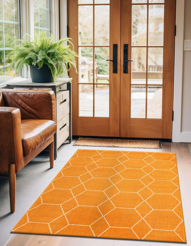 Orange 7' 10 x 10' Trellis Frieze Rectangle Area Rug Geometric Modern Unique Stain Resistant Easy Clean Carpet for Living, Dining, Bedrooms, Office for Sale at Rug Engine